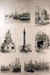 Schizzi a Liverpool: il molo di sbarco del Principe; il monumento a Huskisson nel cimitero di St. James; il monumento a Nelson; il monumento a Wellington; ingresso al cimitero di St. James; la dogana da Ca da English School